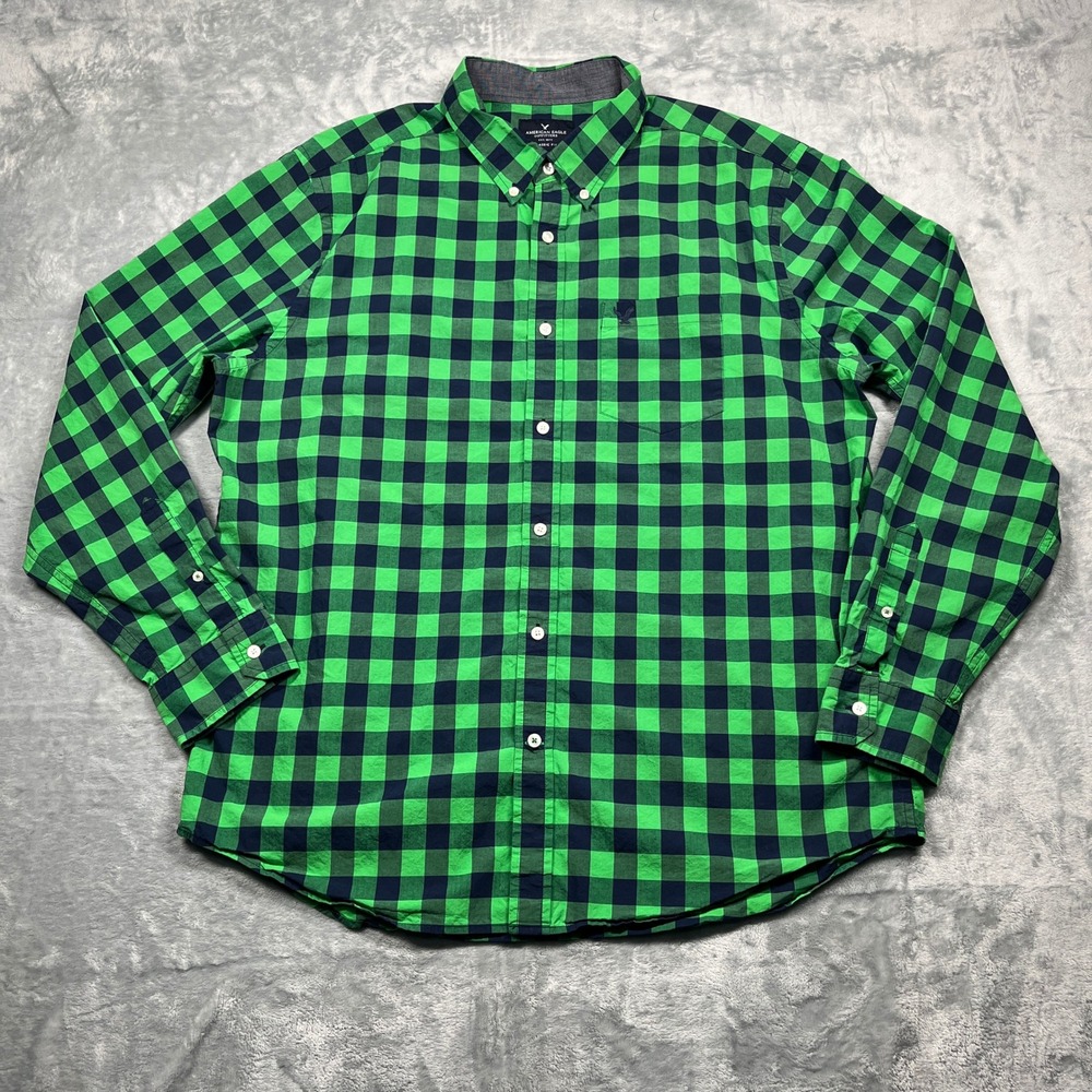 American Eagle Button Down Shirt Men XL Green Navy Buffalo Checkered Classic Fit